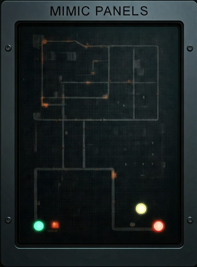 MIMIC Panels SUPER BRIGHT LEDS WITH A VIEWING RANGE OF 100 METERS GROUND FAULT DETECTION IN THE LOOP VISULA INDICATION OF FAULT AND SUPERVISORY SUCH POWER FAILURE FLOOR / WALL MOUNTING TYPE CONTAINS CUSTOM SIMPLIFIED LAYOUT OF THE INFRASTRUCRE FRONT VIEW AS PER BUILDING VIEW